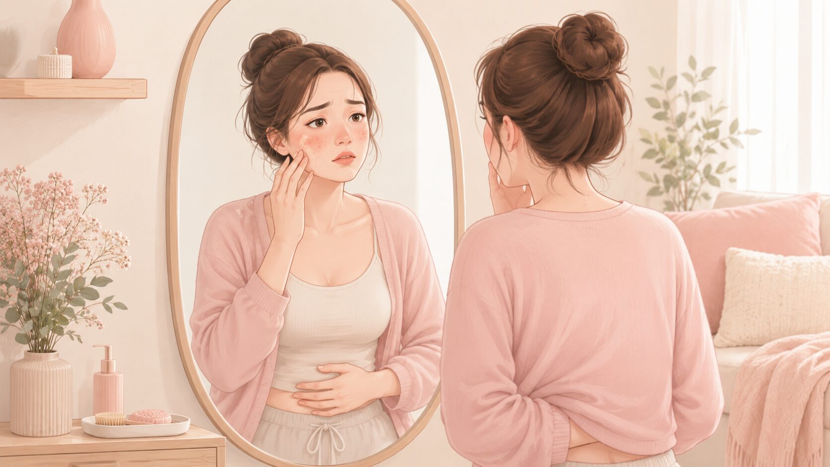 ぽっこりお腹と肌荒れに悩む女性